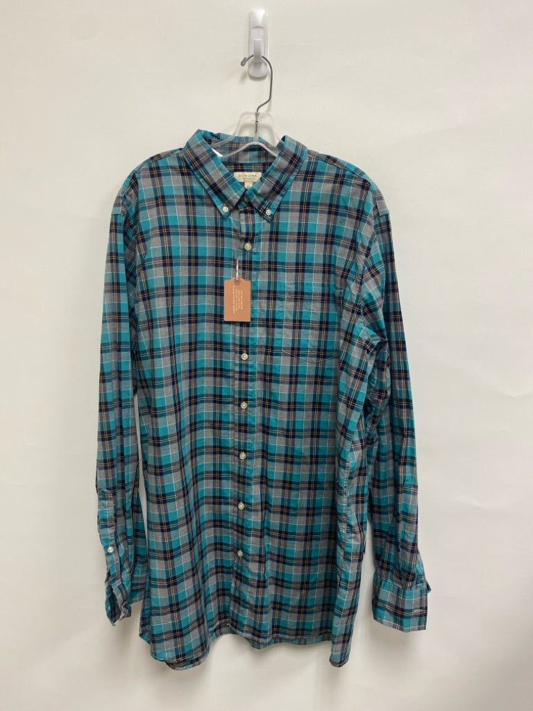 NWT Sonoma Size XLT Aqua Gray/Navy Plaid Button Down Men&