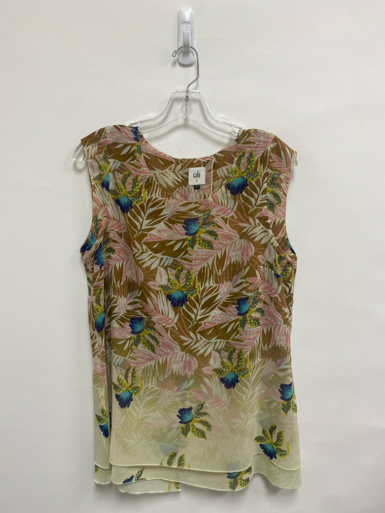 Cabi Size M Brown/Cream Pink/Blue Flowers Sleeveless Sheer Ladies Top
