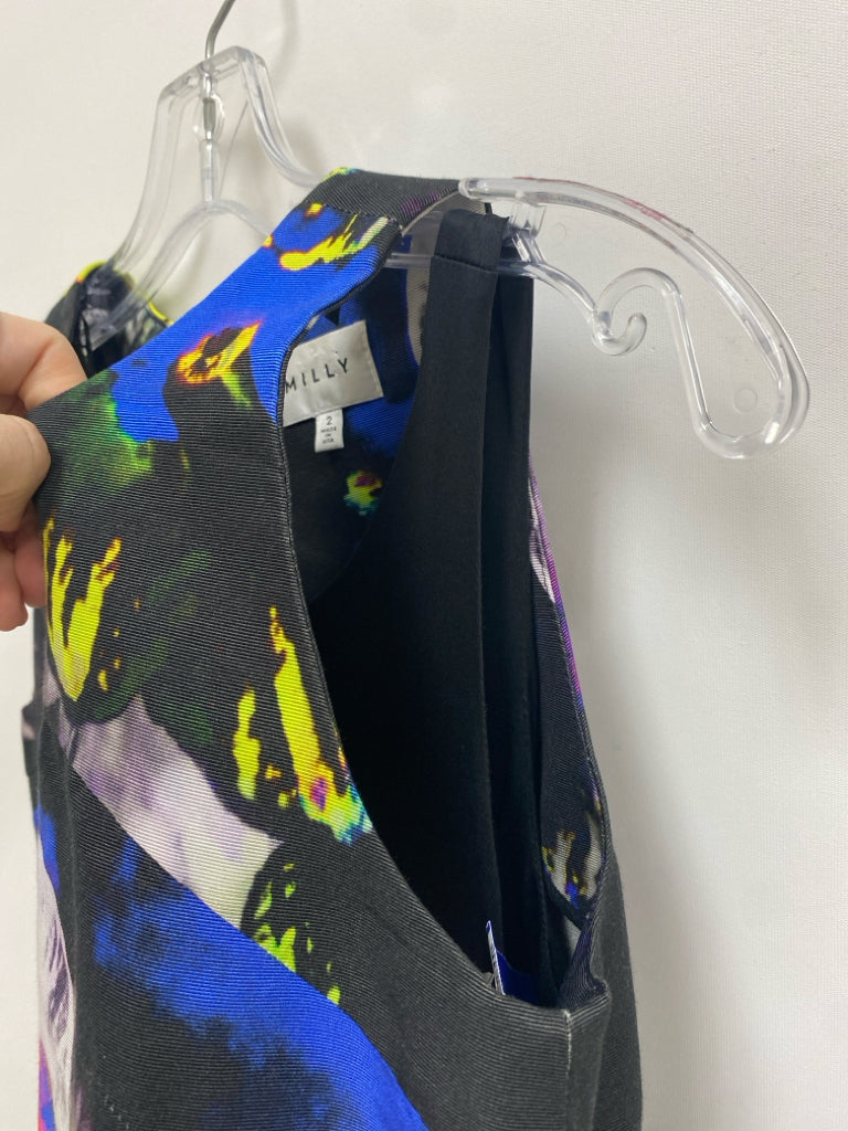 MILLY Size 2 Black Blue/Yellow Abstract Sleeveless Ladies Dress