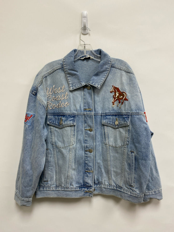 Davi&amp;Dani Size M Dusty Blue Red/Yellow Horses Embroidered Ladies Jacket