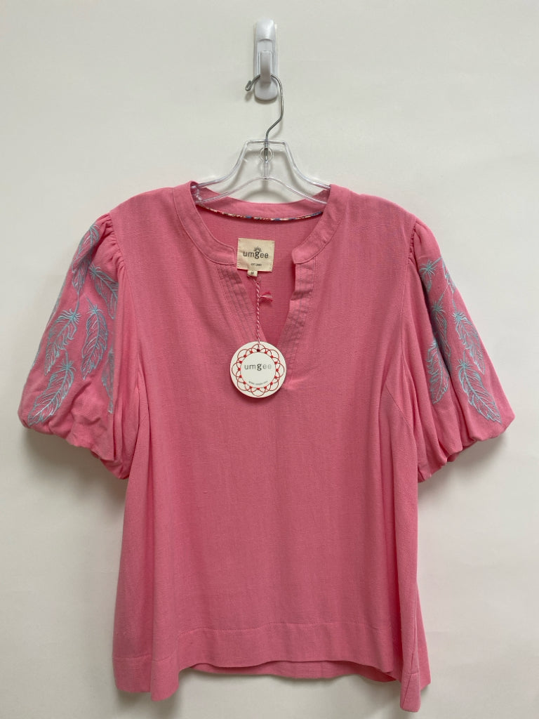 NWT Umgee Size M Pink Powder Blue Embroidered Puff Sleeve Ladies Top