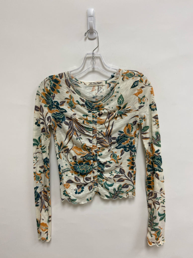 We The Free Size XS Cream Green/Orange Floral Long Sleeve Tee Ladies Top