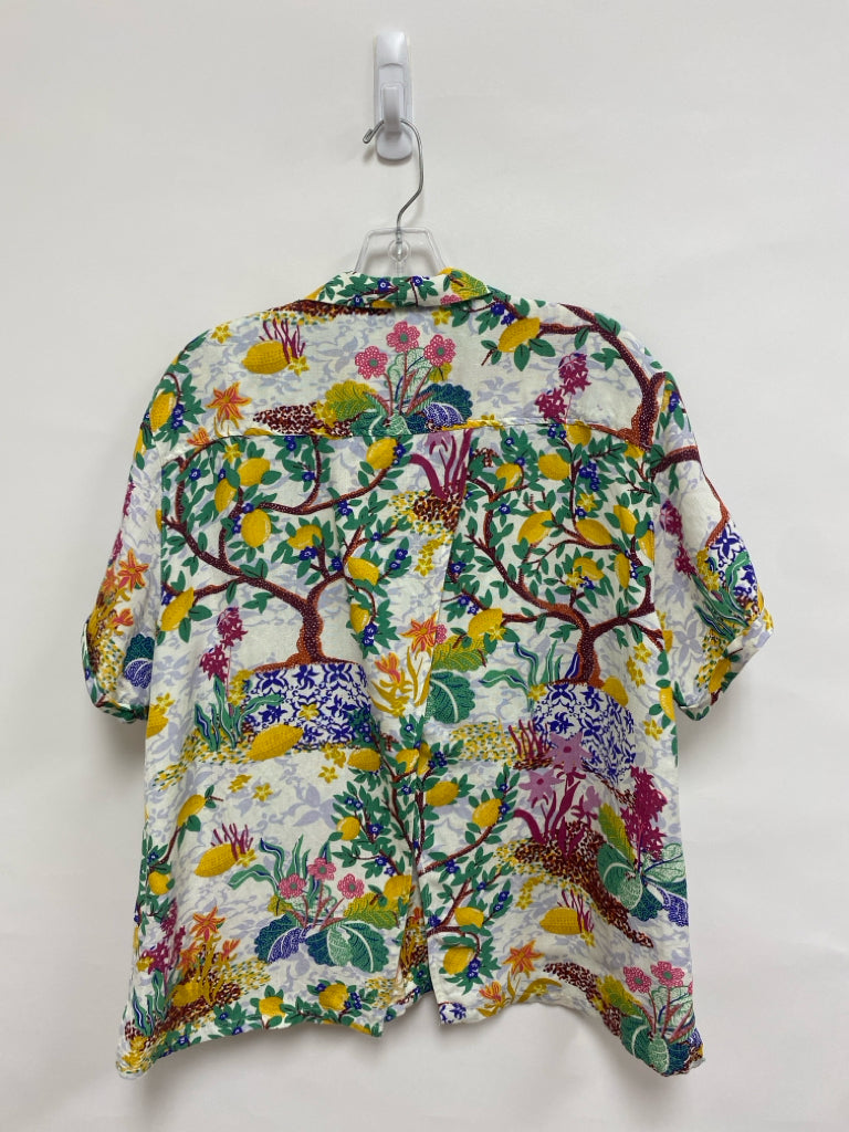 Maeve Size L White Green/Multi Fruit Linen Blend Ladies Top