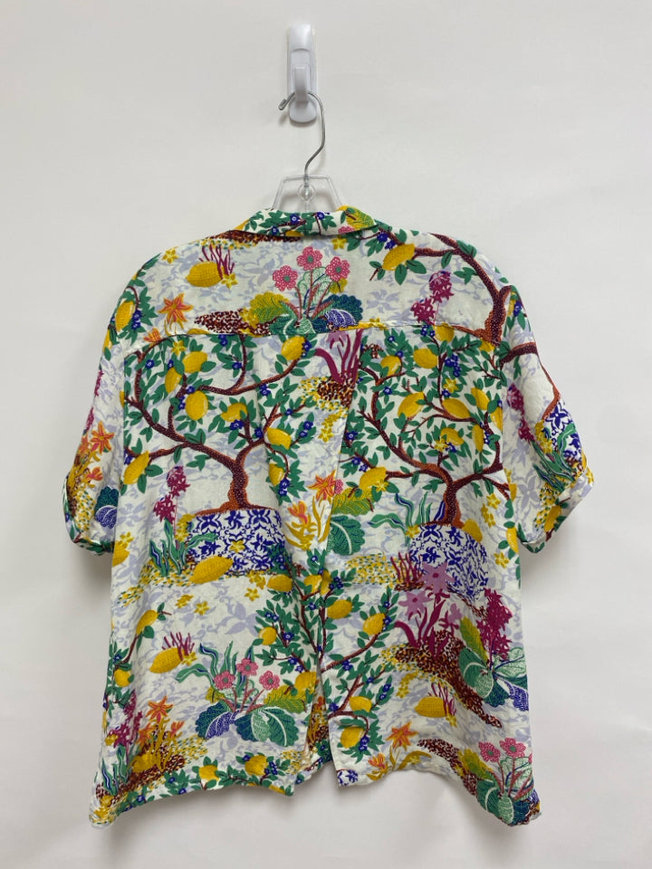 Maeve Size L White Green/Multi Fruit Linen Blend Ladies Top