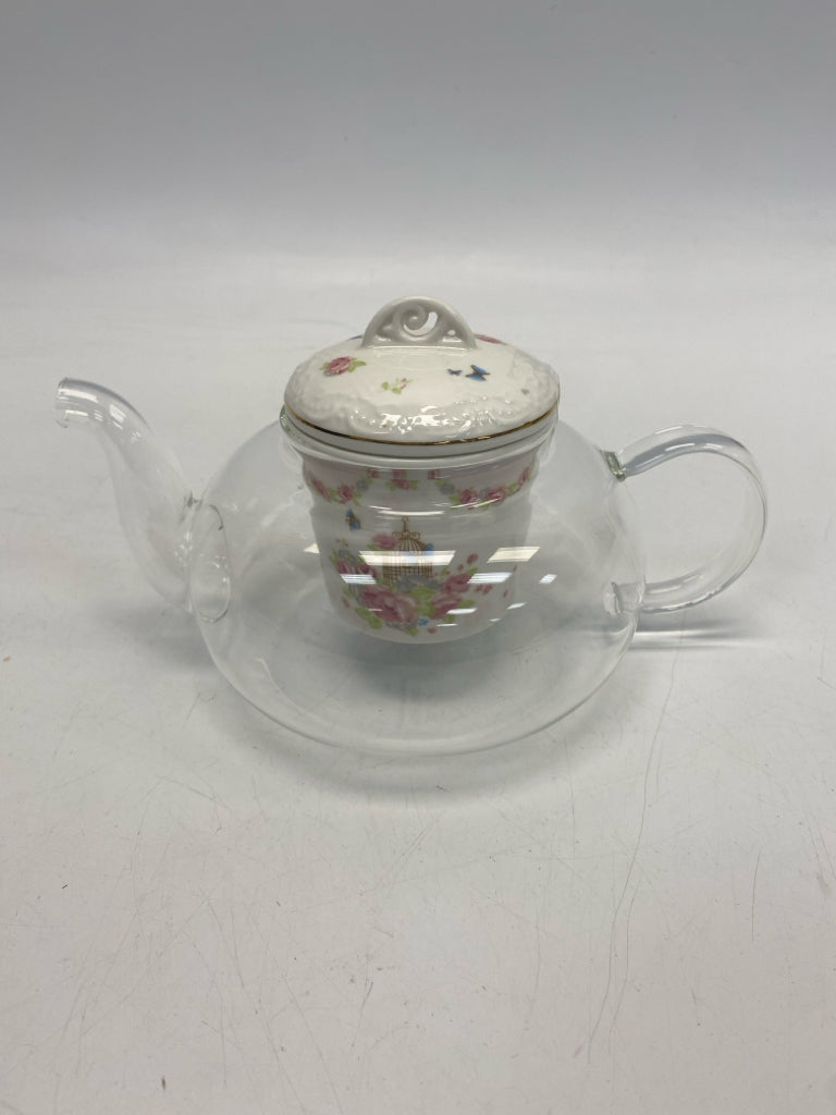 Clear White/Pink China/Glass Tea Pot