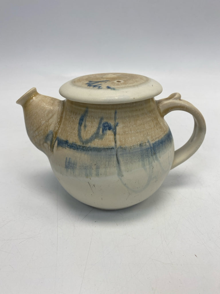 Cream Blue Splashes Pottery Tea Pot