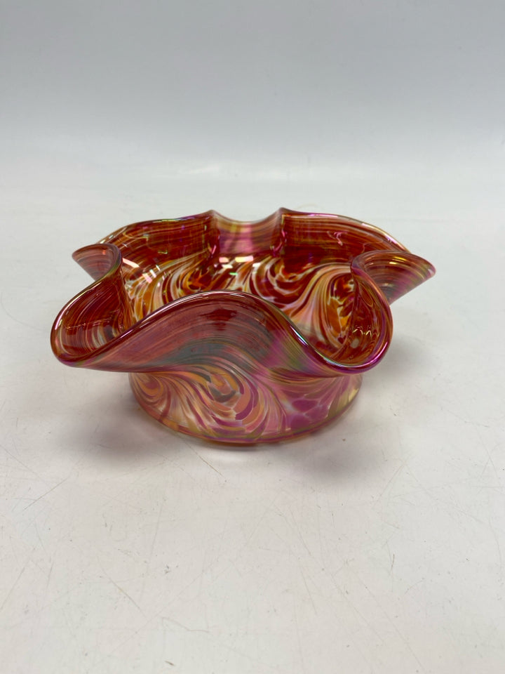 Peach Red Iridescent Glass Decorative Bowl