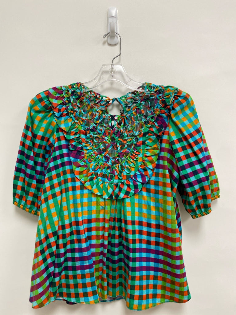 RANNA GILL Size XS Green/Blue Orange/Purple Checkered Puff Sleeve Ladies Top