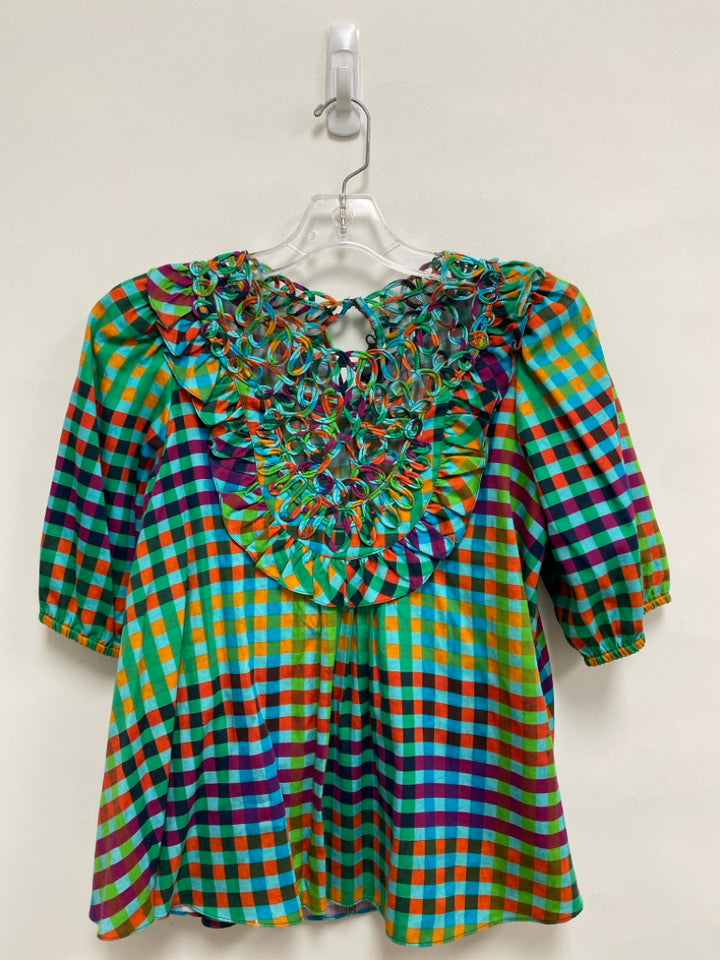 RANNA GILL Size XS Green/Blue Orange/Purple Checkered Puff Sleeve Ladies Top