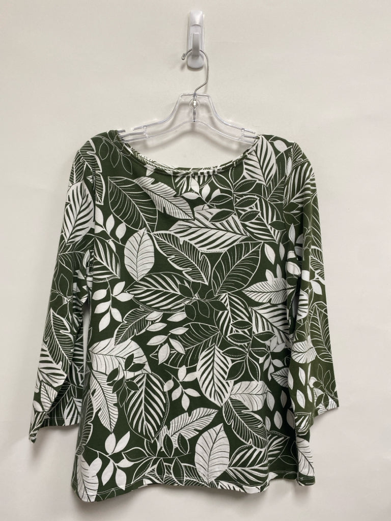 Talbots Size L Olive Green White Leaves Ladies Top