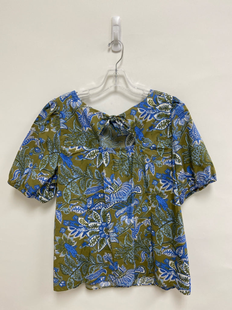 Talbots Size XL Olive Green Blue/White Floral Ladies Top