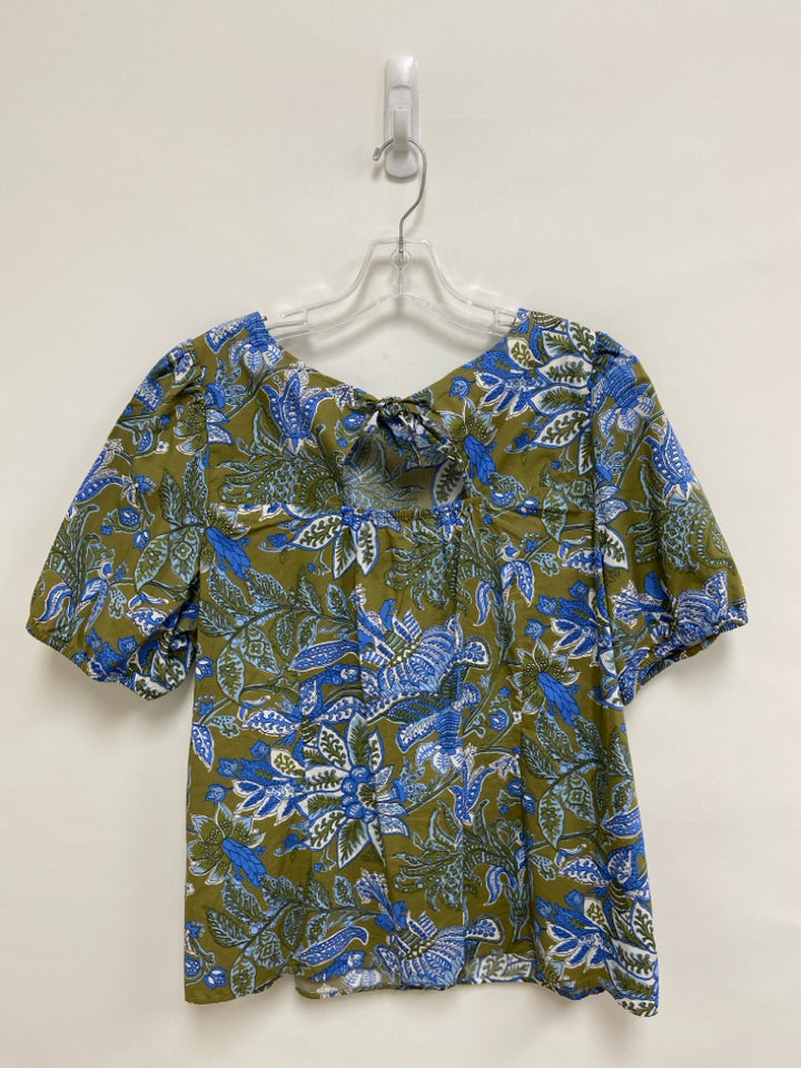 Talbots Size XL Olive Green Blue/White Floral Ladies Top