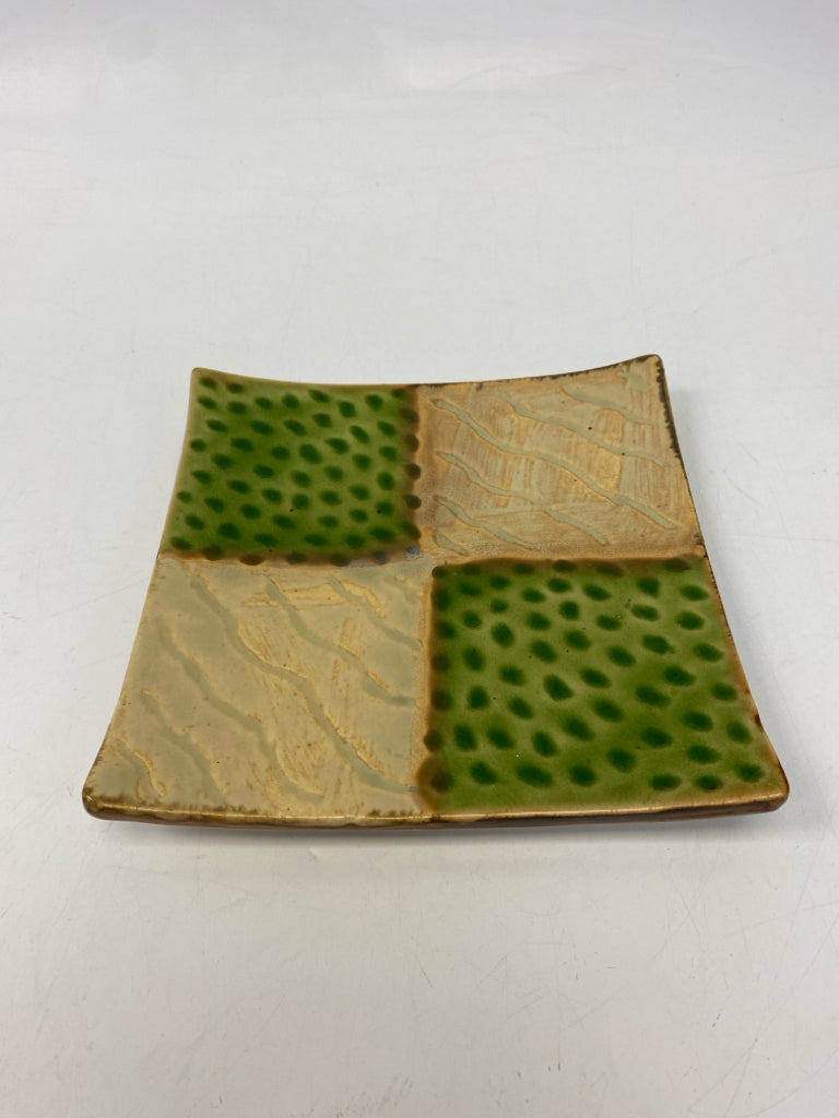 Tan Green Blocks Ceramic Plate (s)