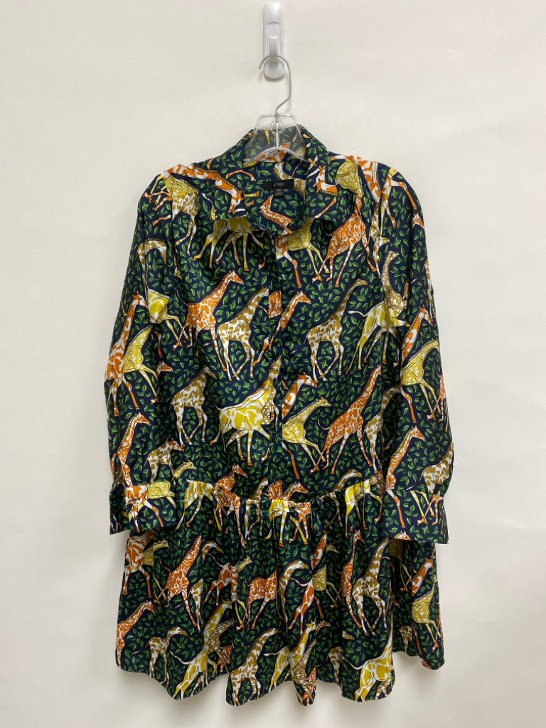 J Crew Size XS Navy/Green Orange/Yellow Giraffe Long Sleeve Ladies Dress