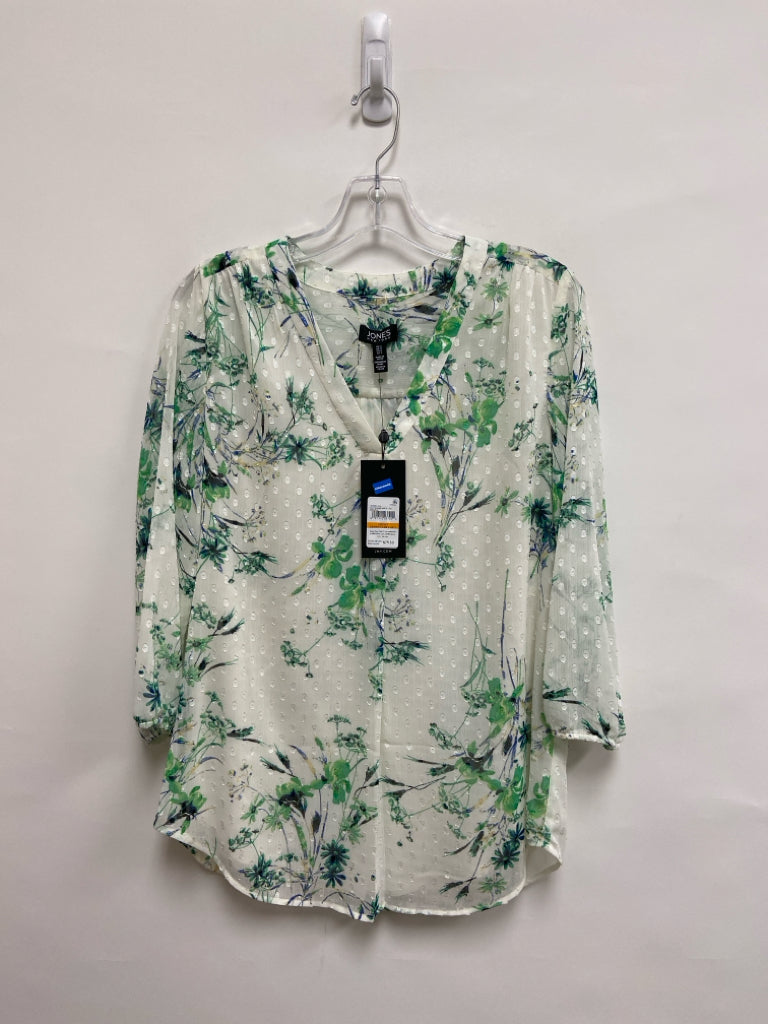 NWT Jones New York Size S Cream Green/Blue Flowers Swiss Dot Ladies Top