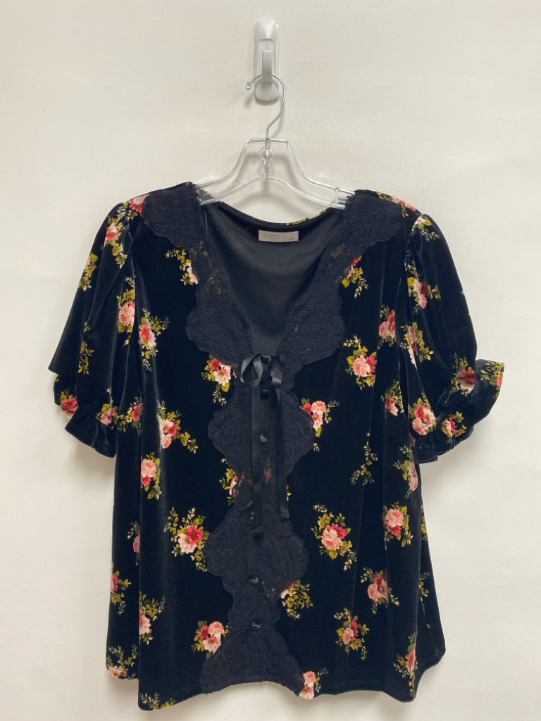 Lauren Conrad Size L Black Pink/Green Floral Short Sleeve Ladies Top
