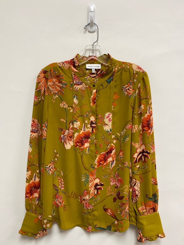 Gibson/Latimer Size M Olive Green Orange Flowers Ladies Top
