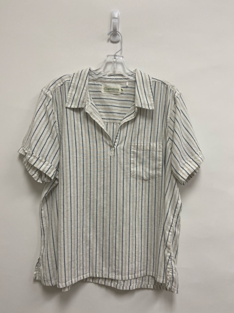 Aventura Size XL White/Navy Beige Stripes V Neck Ladies Top