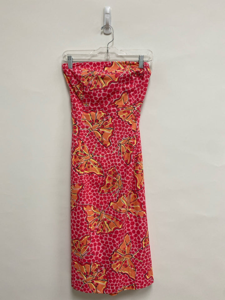 LILLY PULITZER Size 8 Pink Coral/Yellow Butterflies Strapless Ladies Dress