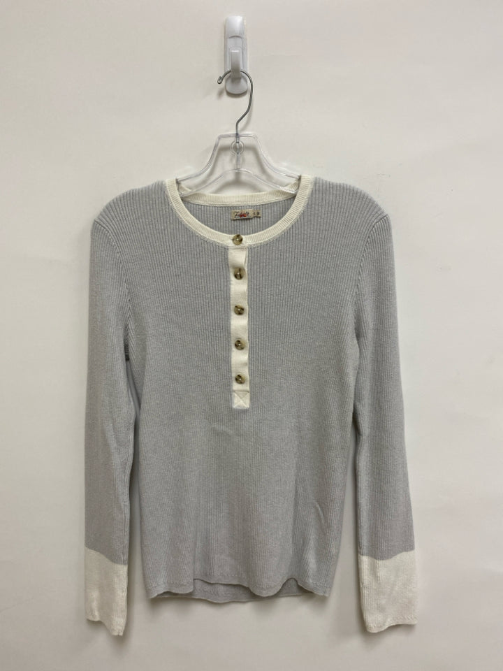 FAHERTY Size L Pale Gray Cream Trimmed Henley Ladies Sweater