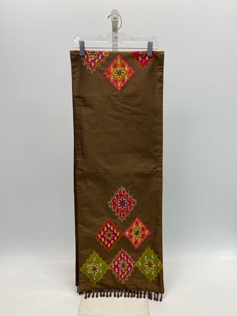 Pier 1 Dark Brown Pink/Orange Embroidered Table Runner