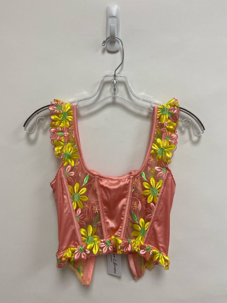 NWT For Love &amp; Lemons Size M Pink Yellow/Green Flowers Embroidered Ladies Top