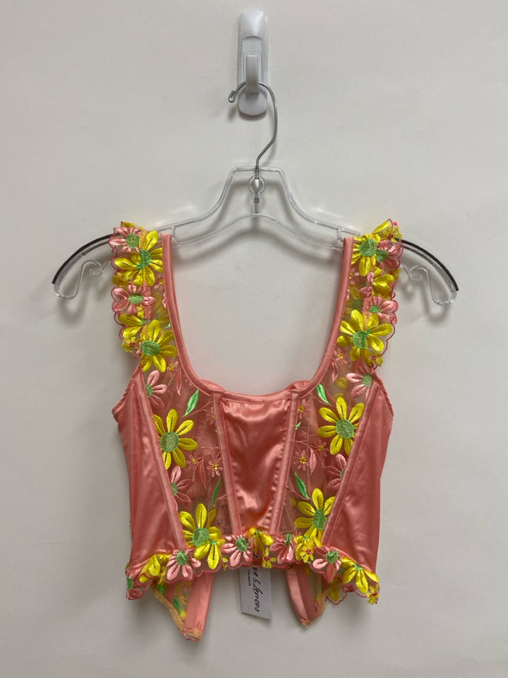 NWT For Love &amp; Lemons Size M Pink Yellow/Green Flowers Embroidered Ladies Top