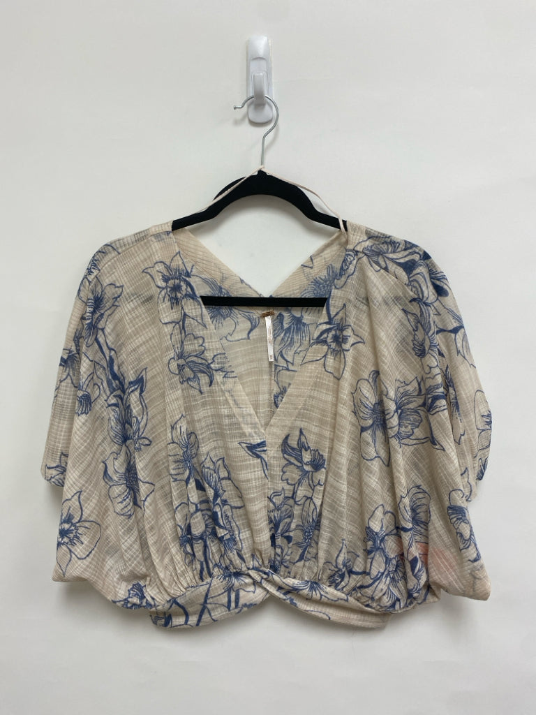 Free People Size XS Beige Blue Flowers Batwing Ladies Top