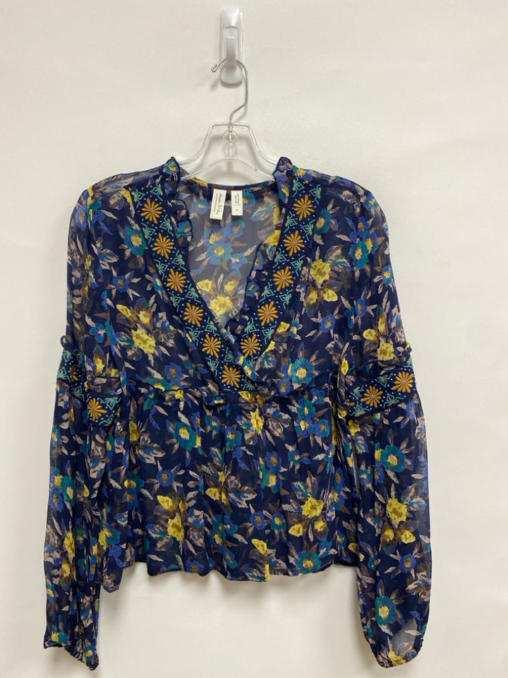 Meadow Rue Size XS Navy/Beige Yellow/Blue Floral Sheer Ladies Top