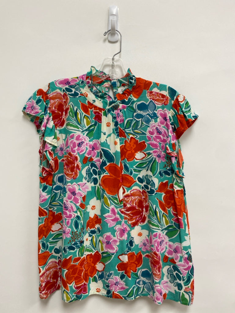 THML Size M Aqua/White Red/Multi Ruffles Mock Neck Ladies Top