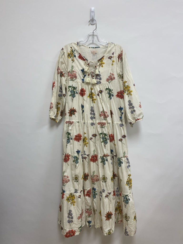 Pink Chicken Size L Beige Multi Color Flowers Puff Sleeve Ladies Dress