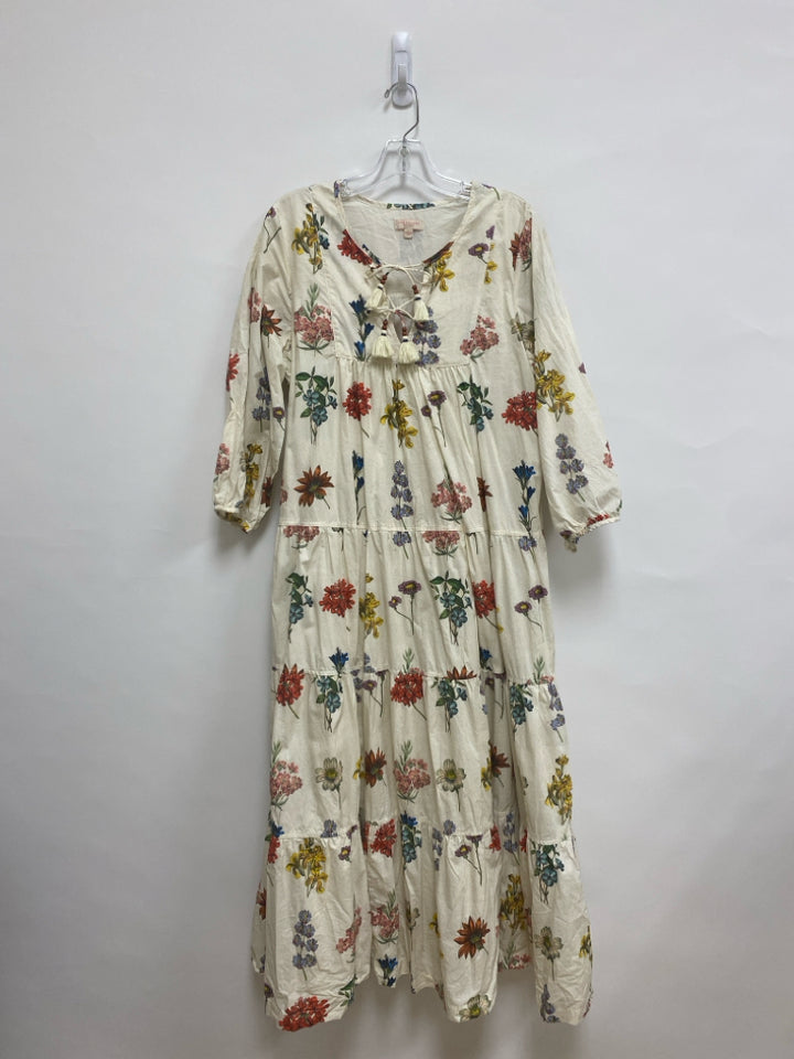 Pink Chicken Size L Beige Multi Color Flowers Puff Sleeve Ladies Dress