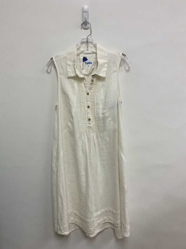 Size S White Pleated Sleeveless Linen Ladies Dress