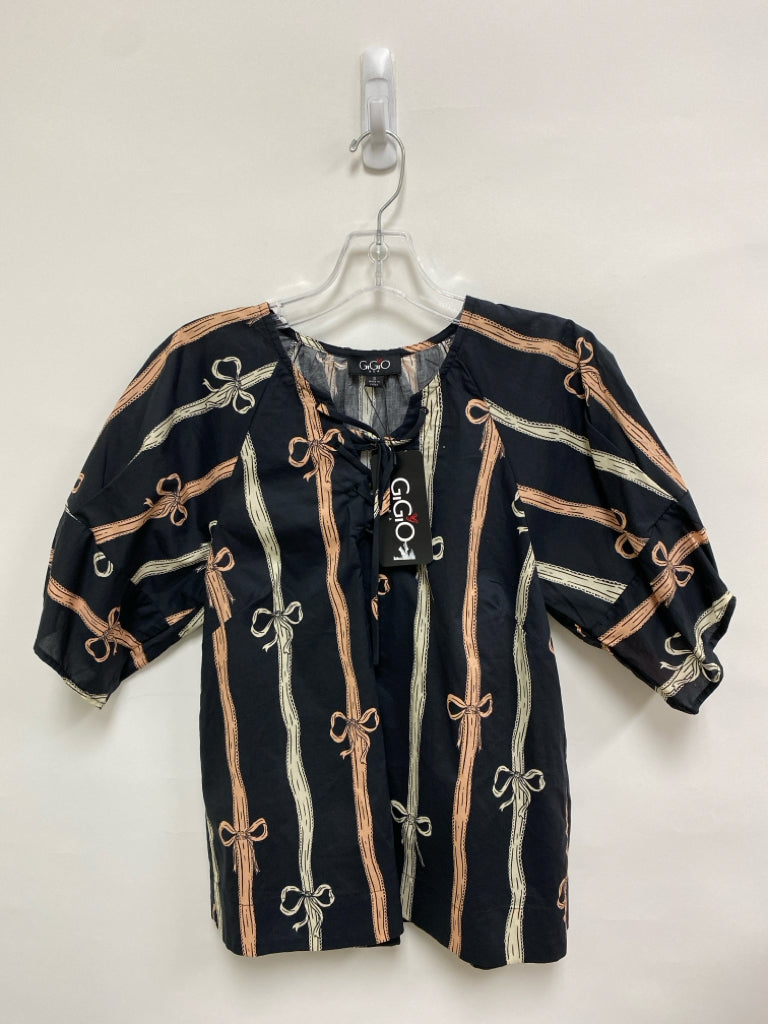 NWT GiGiO Size S Black/Cream Tan Bows Ladies Top