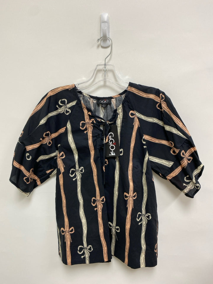 NWT GiGiO Size S Black/Cream Tan Bows Ladies Top