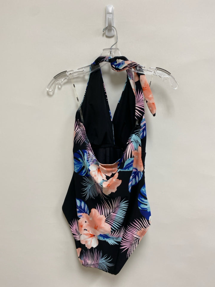 NWT DKNY Size M Navy/Blue Coral Tropical Halter Ladies Swimwear