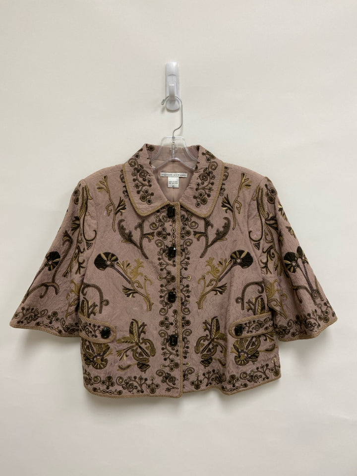 Peter Nygard Size 10 Taupe Black/Brown Flowers Embroidered Ladies Jacket