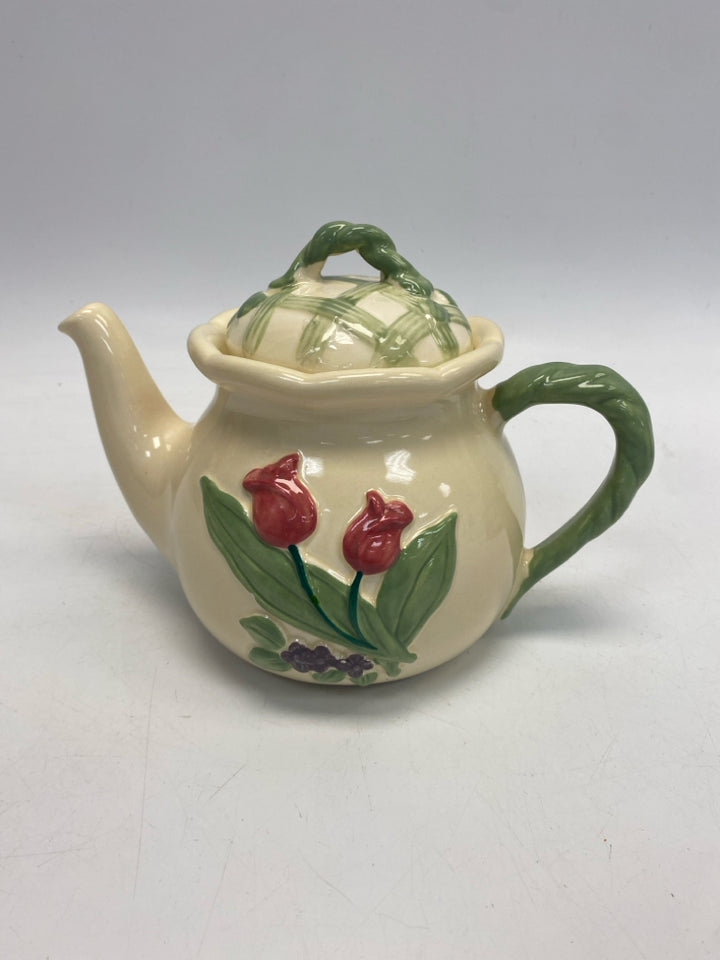 Cream Green/Pink Flowers Tea Pot