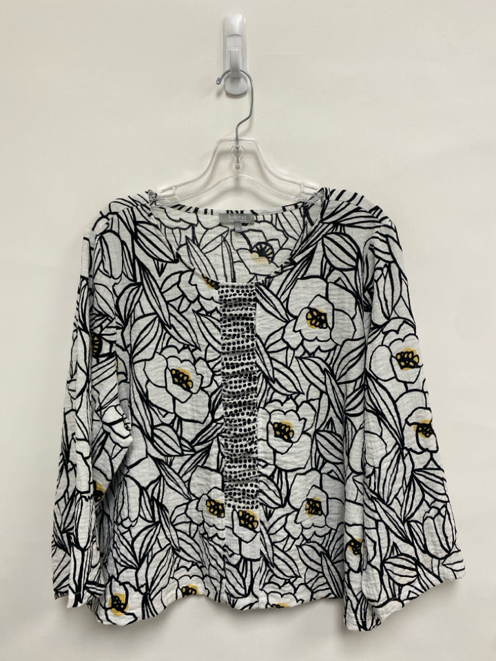 HabitaT Size L White Black/Yellow Flowers Ladies Top