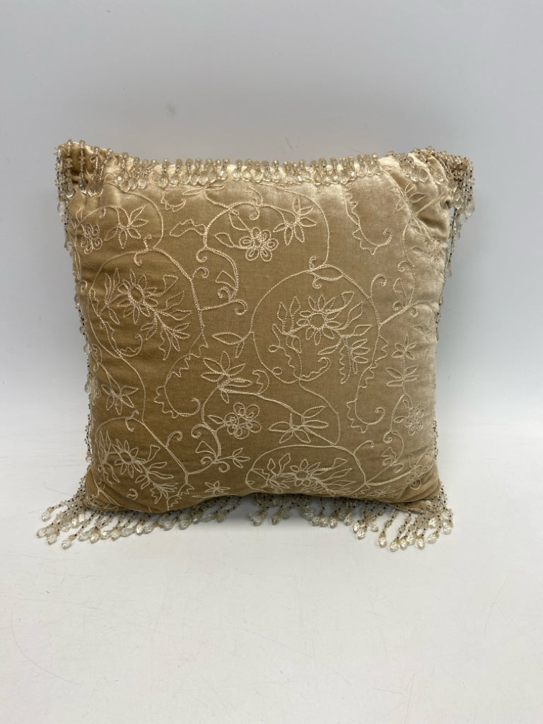 Tan Cream Stitching Beaded Pillow