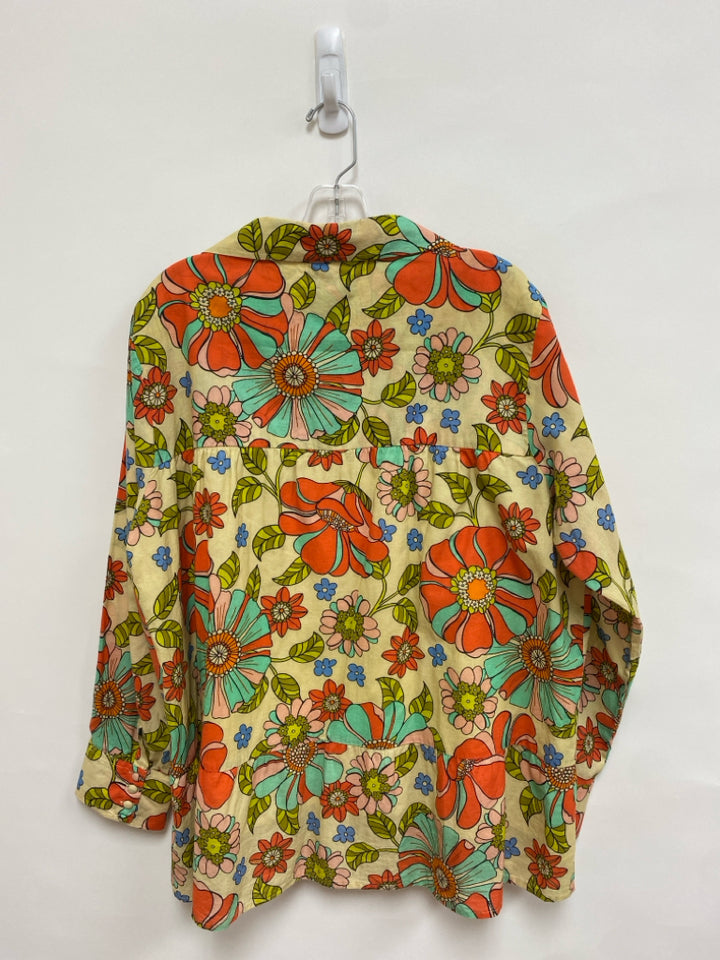 VICTORIA DUNN Size XL Beige Coral/Multi Flowers Cotton Ladies Top