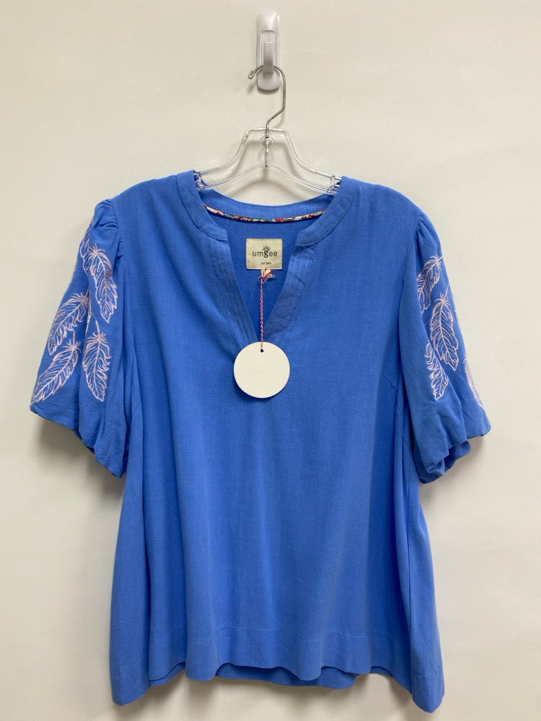 NWT Umgee Size L Blue Pink Embroidered Puff Sleeve Ladies Top