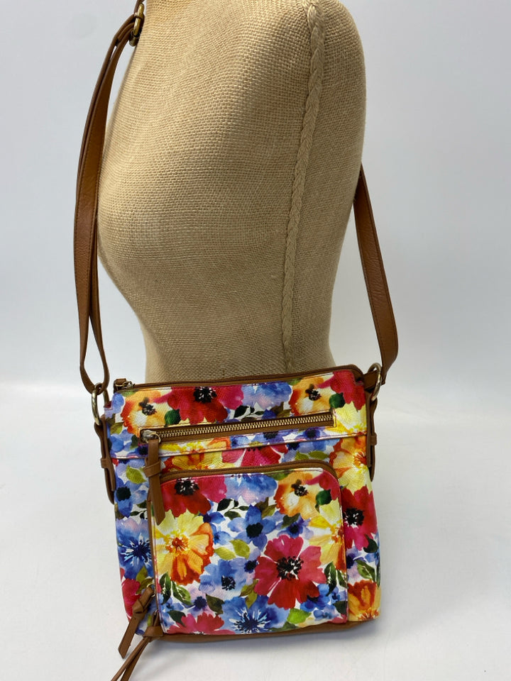 Brown Multi-Color Flower(s) Crossbody