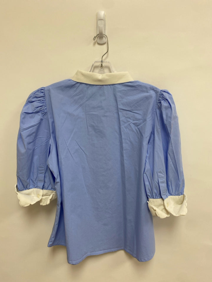 Gretchen Scott Size XL Powder Blue White Trimmed Button Up Ladies Top