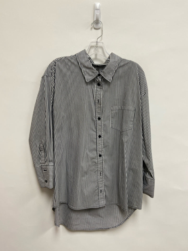 Liverpool Size L Cream/Black Stripes Button Down Ladies Top