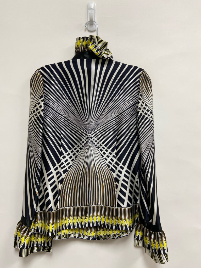 ETCETERA Size 2 Navy/White Yellow/Brown Stripes Mock Neck Ladies Top