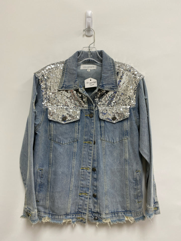 NWT Size S Light Denim Silver Sequins Button Up Ladies Jacket