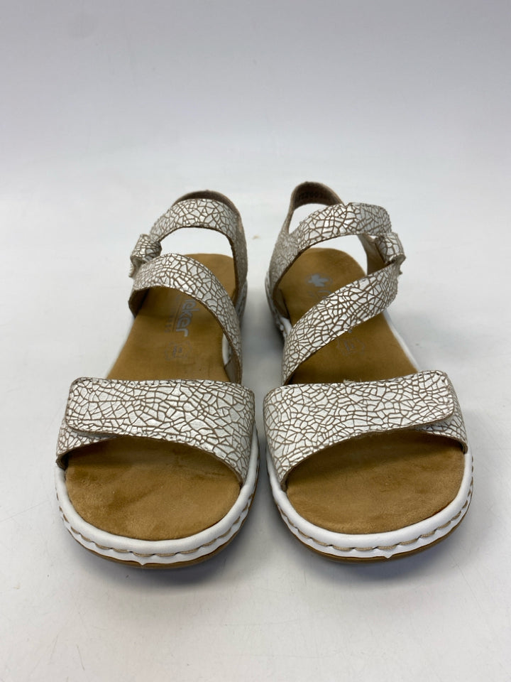 Rieker  Size 38 White Brown Embossed Sandals