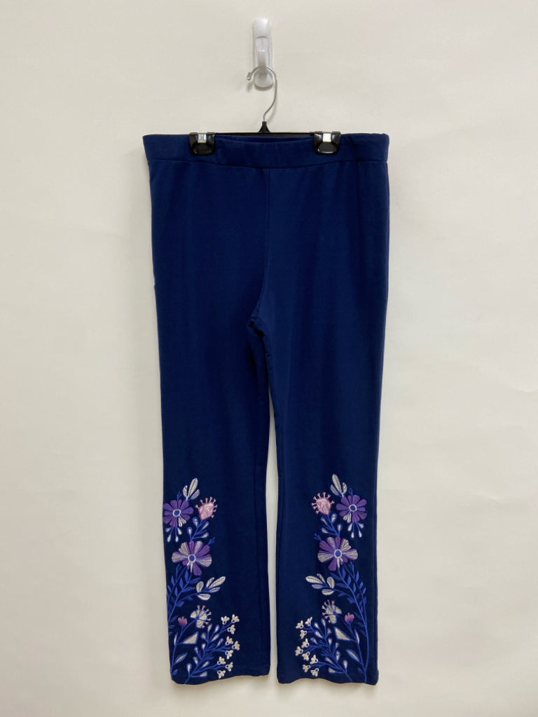 JOHNNY WAS Size L Navy Lavender/Blue Embroidered Pull-on Ladies Pants