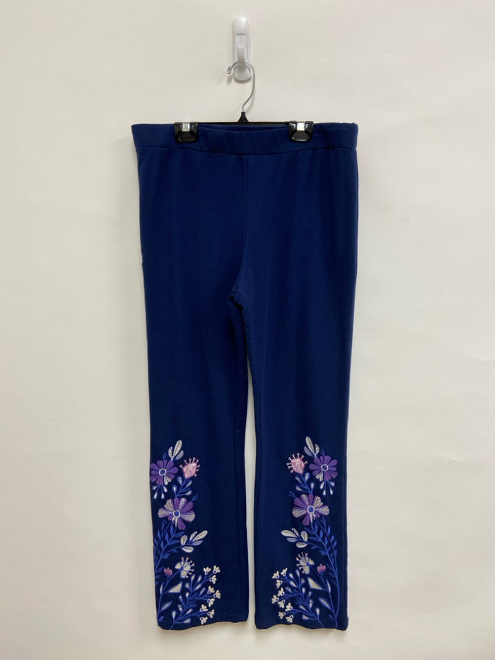 JOHNNY WAS Size L Navy Lavender/Blue Embroidered Pull-on Ladies Pants